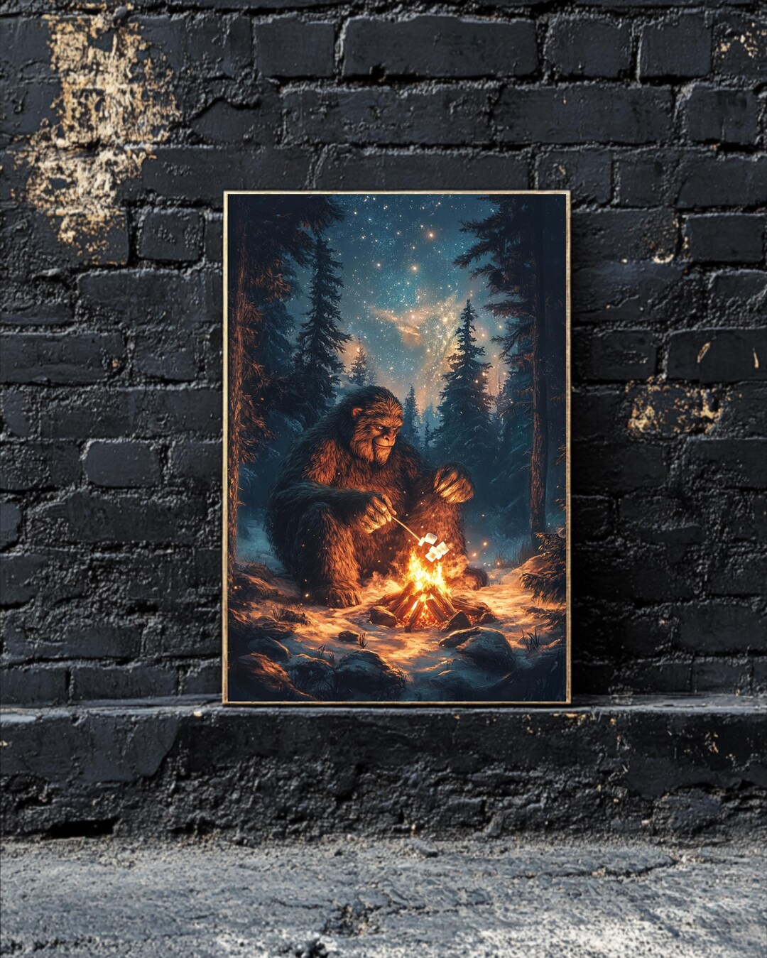Bigfoot Campfire Matte Print, Snowy Forest Wall Art - Etsy