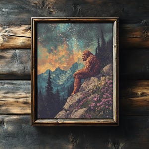 Satin Poster, Big Foot Mountain View Starry Night Wall Art Print, Sasquatch Art, Nature Lover Gift, Home Decor, Cabin Decor, Dark Academia