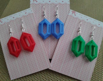 Zelda Inspired Rupee Earrings | Red, Blue, or Green | 3D Printed with Surgical Steel Hooks