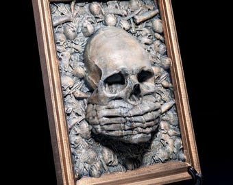 3D Printed Speak No Evil Skull – Gothic Wall Art, Dark Art Decor