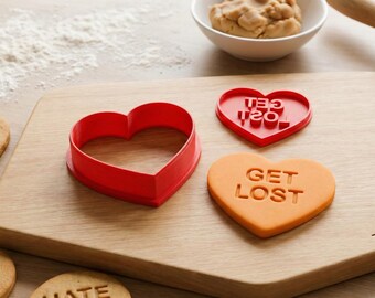 Anti-Valentine Heart Cookie Cutters Snarky and  Rude Phrases 3D Printed Stamp & Cutter Set For Cookies Fondant, Playdough