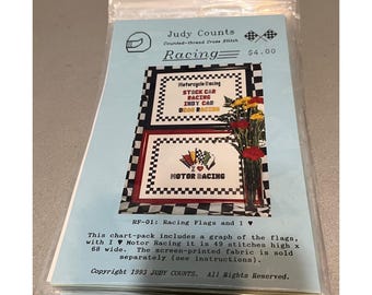 Vintage Judy Counts Stock Car Racing Cross Stitch Chart Packs Lot of 29 - 1990s
