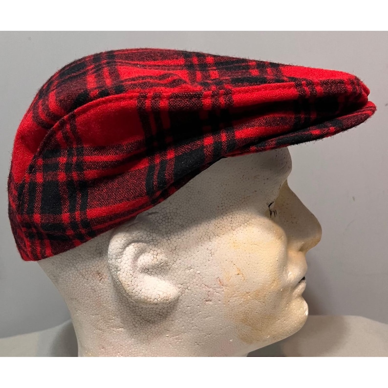 Pendleton Red Black Plaid Wool Flat Cap Newsboy Ivy Hat Made in USA Large image 3