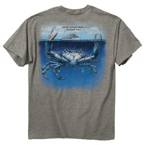 May include: A heather gray t-shirt featuring a blue crab illustration. The crab is underwater with a boat in the background. Text above the boat reads, "WE'RE GONNA NEED A BIGGER POT!"