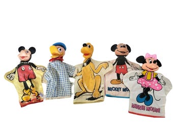 ヴィンテージ ディズニー ハンドパペット (5 個セット) ミッキーマウス、ミニー、プルート、ドナルド 1960 年代 掘り出し物!