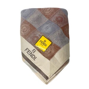 FENDI Roma Scarf - Brown, Blue and Beige Squares w Symbols