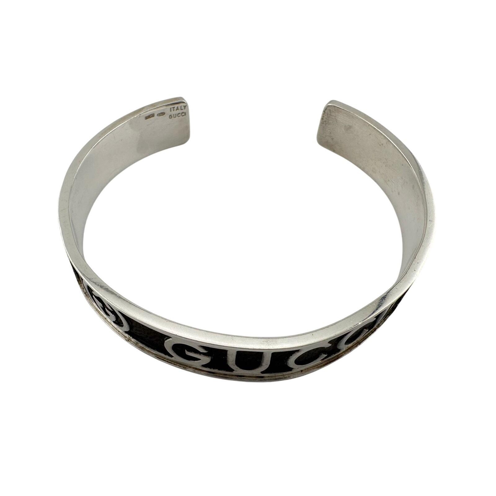 Gucci Black Leather GG Logo Sterling Silver Bangle Bracelet