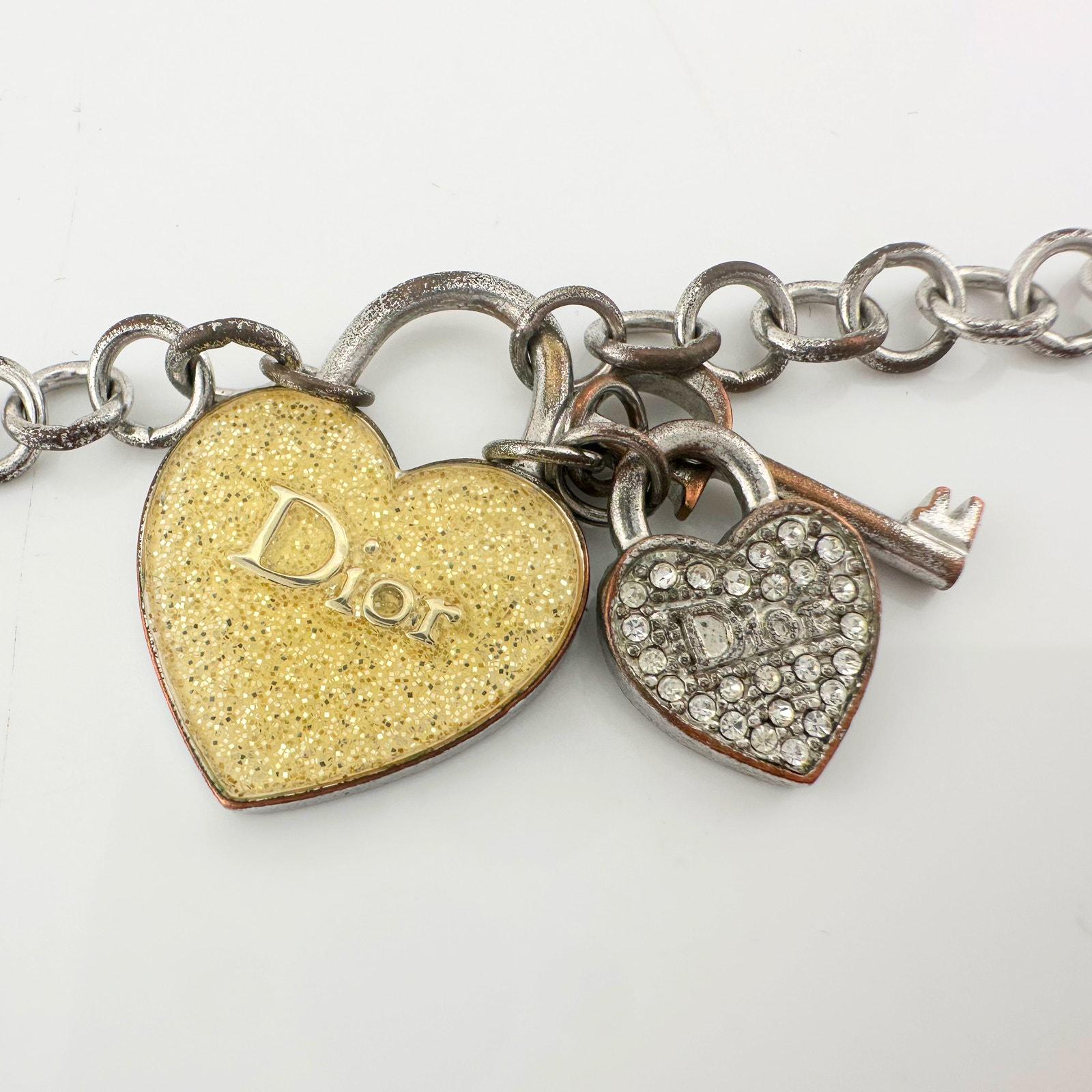 Christian Dior シルバー チャーム Christian Dior Logo Heart Rhinestone Chain Necklace Silver