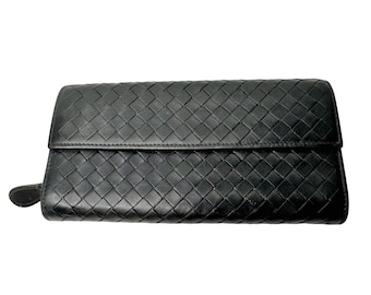 Bottega Veneta Intrecciato Woven Black Leather Long Flap Wallet