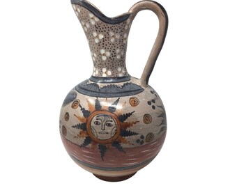 Large Hand Painted Vintage Mexican Folk Art Pottery Pitcher/Vase with Handle