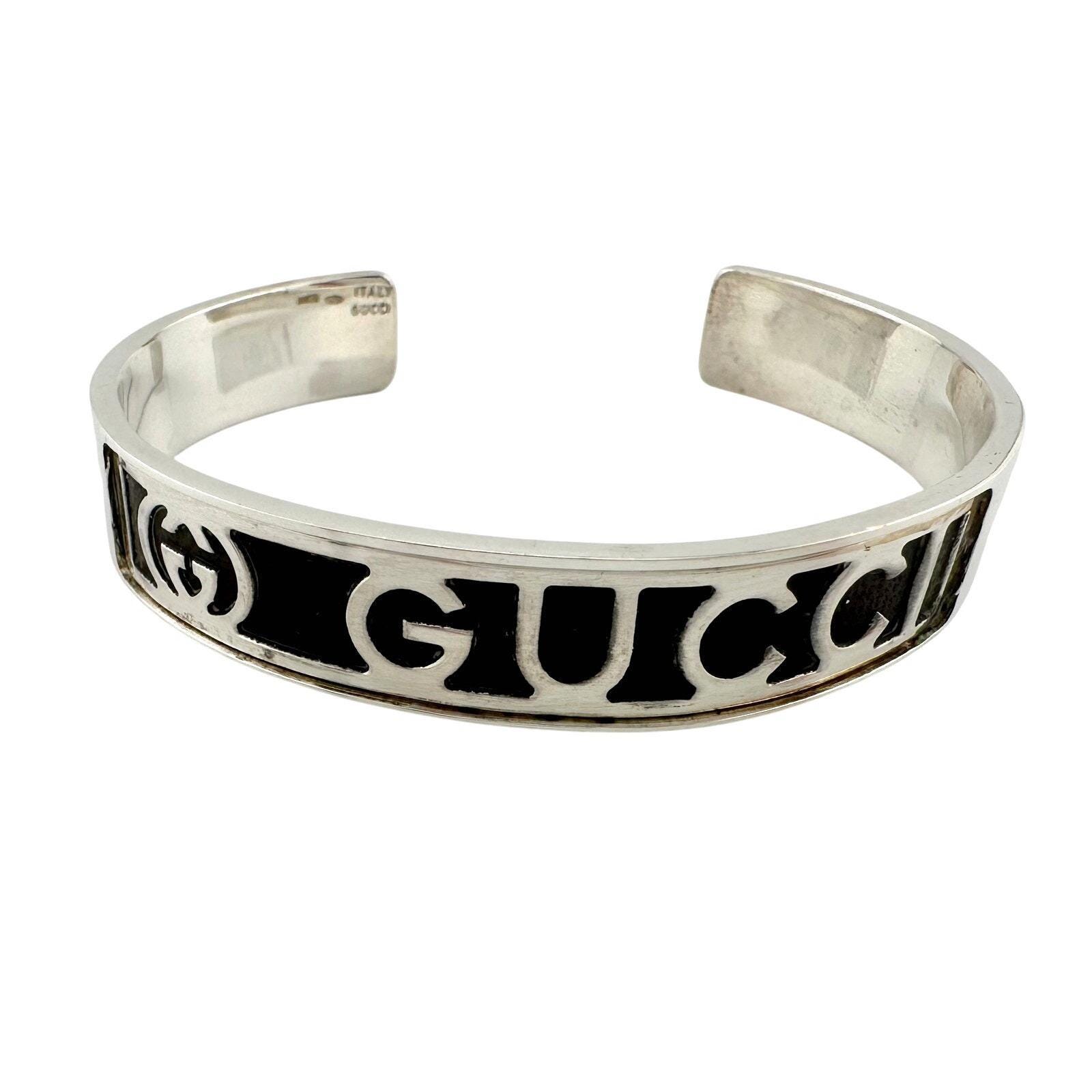 ごる蔵GUCCI Logo Black Patent Silver Gucci Black Leather GG Logo Sterling Silver Bangle Bracelet