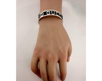 Gucci Black Leather GG Logo Sterling Silver Bangle Bracelet