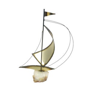 Mid-Century MODERN Brass SAILBOAT Sculpture QUARTZ Base (Signed on Top of Base)