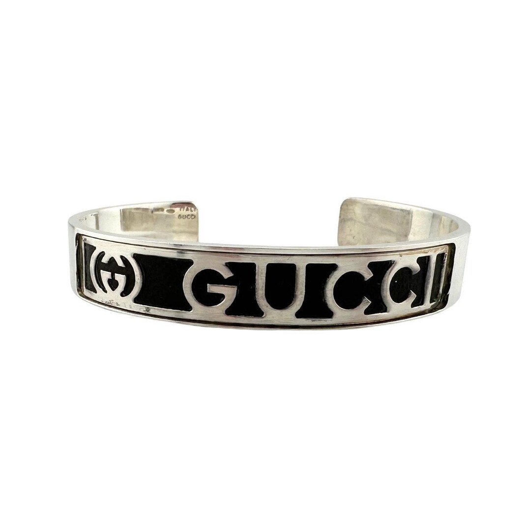 アクセサリー GUCCI Logo Black Patent Silver Bangle Gucci Black Leather GG Logo Sterling Silver Bangle Bracelet