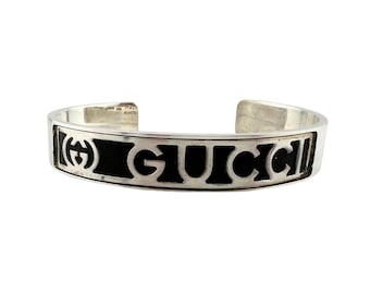 Gucci Schwarz Leder GG Logo Sterling Silber Armreif - Vintage!