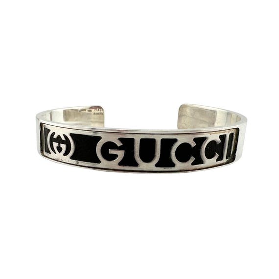GUCCI GGロゴ シルバーバングル Gucci Black Leather GG Logo Sterling Silver Bangle Bracelet