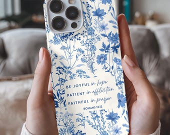 Funda para teléfono Toile Romanos 12:12, diseño de funda para teléfono con núcleo de cabaña francesa, funda para teléfono con diseño floral vintage cristiano para iPhone, funda para teléfono con Escritura