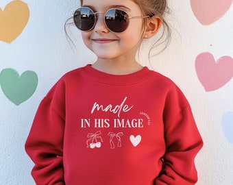 Christian Kids Sweatshirt Made In His Image Shirt for Kids Gift Bible Verse Cherry Coquette  Apparel Toddler Pullover Faith Based Kids Gifts