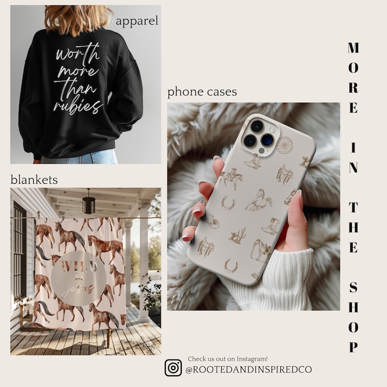 May include: A collection of western-themed products including a black sweatshirt with the text "worth more than rubies", a phone case with a white background and brown horse and horseshoe illustrations, and a pink and brown blanket with a horse and horseshoe pattern and the word "WILD" in a circle.