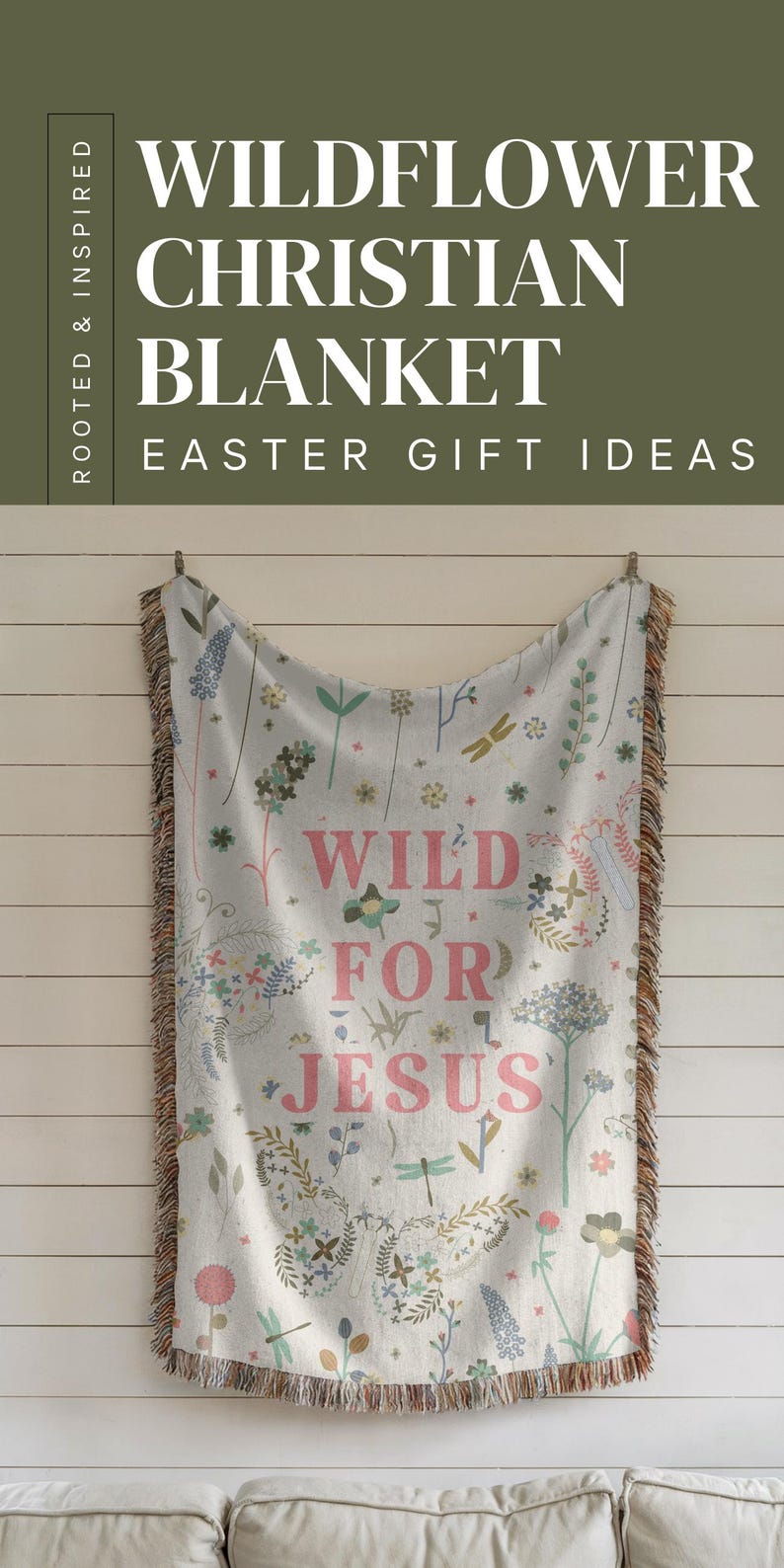 May include: A woven throw blanket with a floral pattern and the text "Wild for Jesus" in pink. The blanket has a fringe border and is hanging on a white wall.