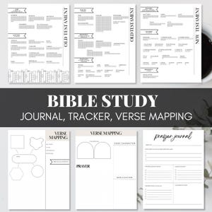 May include: A collection of black and white Bible study journals, trackers, and verse mapping pages. The pages include sections for Old and New Testament studies, verse mapping, and prayer journaling. The title "BIBLE STUDY JOURNAL, TRACKER, VERSE MAPPING" is displayed.