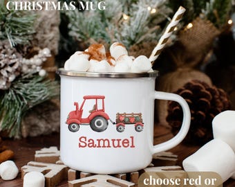 Christmas Cup with Name Personalized Farm Christmas Gift Kids Tractor Mug for Boy Custom Name Hot Cocoa Mug Personalized Christmas Kids Mug