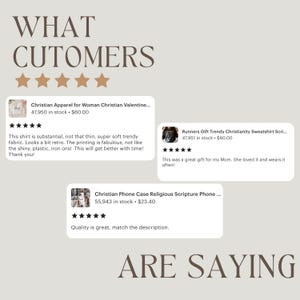May include: A collage of customer reviews for various products, including a Christian Valentine shirt, a trendy sweatshirt, and a phone case with religious scripture. The reviews are positive and include details about the quality and design of the products.