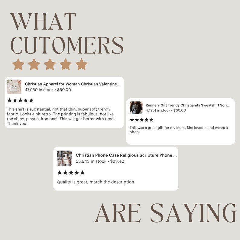 May include: A collage of customer reviews for various products, including a Christian Valentine shirt, a trendy sweatshirt, and a phone case with religious scripture. The reviews are positive and include details about the quality and design of the products.