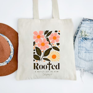 Rooted In Jesus Bag Women Christian Book Bag Scripture Tote Bible Study Bag Religious Gift for Church Group Floral Tote For Gardener