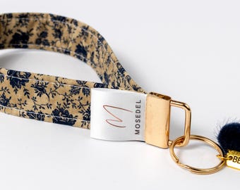 EverLoop Wristlet Keychain | Navy Floral Key Fob in Warm Beige & Blue | Personalized Name Option