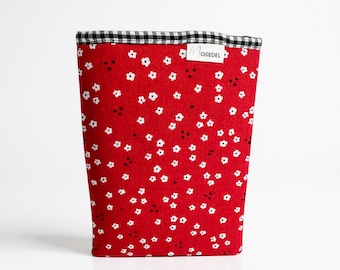 Red Floral Sleeve with Gingham Trim, Large iPad & Book Cover, Handmade