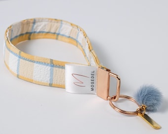 EverLoop Wristlet Keychain | Pastel Plaid Key Fob with Blue Pom | Personalized Name Option