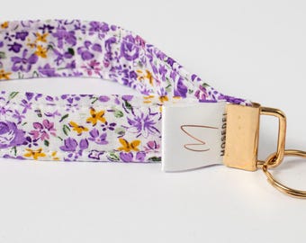 EverLoop Wristlet Keychain | Purple Floral Key Fob with Gold Hardware | Personalized Name Option