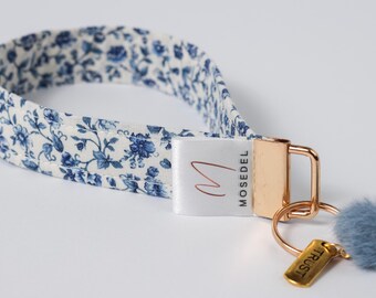 EverLoop Wristlet Keychain | Blue Floral Key Fob with Gold Hardware | Personalized Name Option