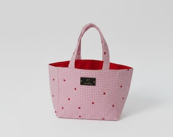 Pink Gingham Mini Handbag, Embroidered Hearts, Red Interior