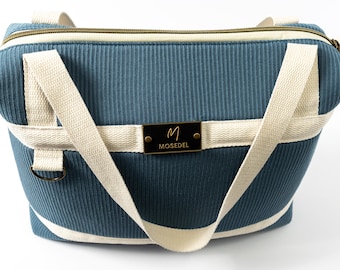 Corduroy Handbag, Structured Tote, Blue Everyday Bag, Laptop Purse, Cream Strap Handmade Bag