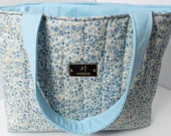 Blue Floral Quilted Everyday Tote, Lightweight Shoulder Strap