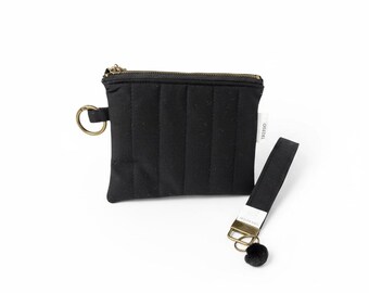 Black Wristlet Pouch Set with Everloop Keychain, Quilted, Minimal Everyday Carry