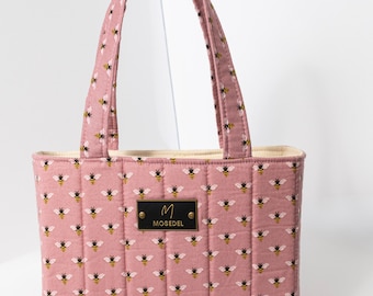 Pink Bee Print Quilted Tote Bag, Handmade Handbag, Soft Structured Everyday