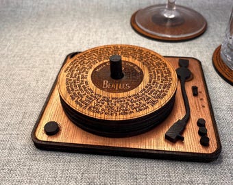 Sous-verres THE BEATLES Paroles gravées sur Vinyle en Bois et Mini-Platine