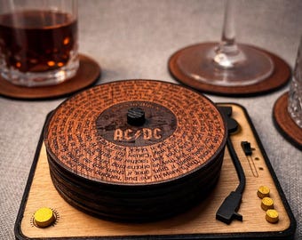 Sous-verres AC/DC Paroles gravées sur Vinyle en Bois et Mini-Platine