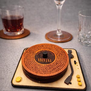 Sous-verres NIRVANA Paroles gravées sur Vinyle en Bois et Mini-Platine
