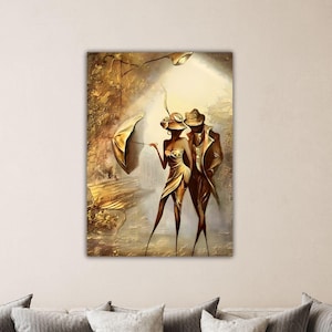 Hermosa pareja con paraguas dorado Lienzo Amor Dorado Abstracto Pareja Bajo el Paraguas Póster Amor Decoración de Pared Regalo Día de San Valentín Regalo de Arte