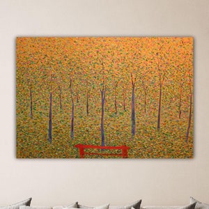 May include: A painting of a forest scene with a red bench in the foreground. The trees are a mix of green and yellow, and the sky is a light blue. The painting is done in a pointillist style, with small dots of paint creating the image.