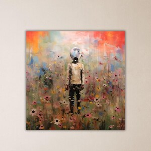 May include: A painting of a person standing in a field of flowers. The person's head is covered by a large, round object. The background is a hazy, colorful sky.