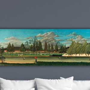 May include: A long, rectangular landscape painting depicting a park scene with a river, trees, and a cloudy sky. The artwork features a vibrant color palette with shades of green, blue, and brown. Small boats are visible on the water.