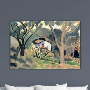 May include: An abstract painting depicting a white house with a red door framed by two large trees. The artwork uses muted greens, blues, and browns, creating a tranquil landscape scene. The painting is mounted on a dark grey wall.