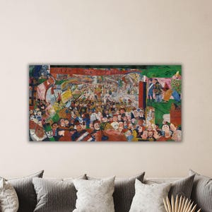 May include: A colorful, abstract painting depicting a crowd of people in a public space. The artwork features a vibrant palette of reds, greens, blues, and yellows, with visible brushstrokes and a dynamic composition. The painting is mounted on a wall above a sofa.