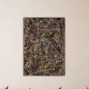 May include: Abstract painting with a black, brown, and yellow color scheme. The painting features a variety of lines and shapes, creating a dynamic and energetic composition.