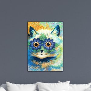 Può includere: Ritratto colorato di un gatto con tonalità blu, gialle e verdi. Il gatto indossa occhiali blu a forma di fiore. L'opera d'arte ha uno stile stravagante, con un focus sul volto e sugli occhi del gatto.